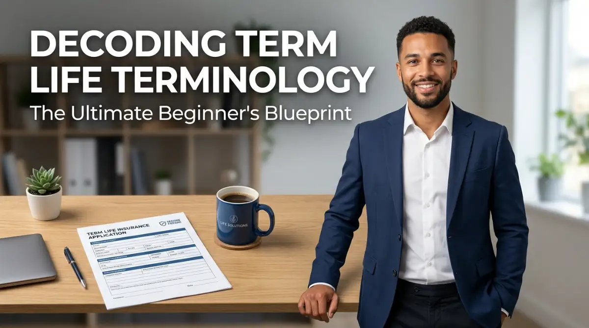 A confident young man sitting at a desk with paperwork, illustrating the beginner's blueprint for decoding term life coverage terminology.