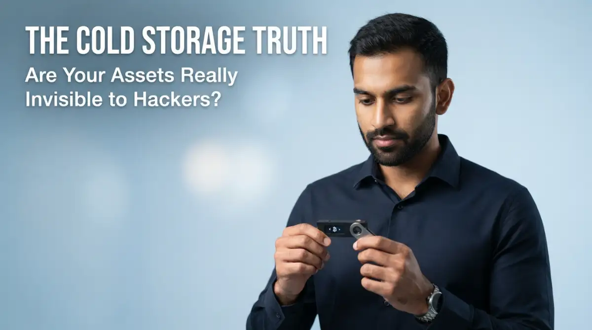 A professional young man examining a hardware wallet to highlight the importance of understanding hidden security vulnerabilities in offline crypto storage.