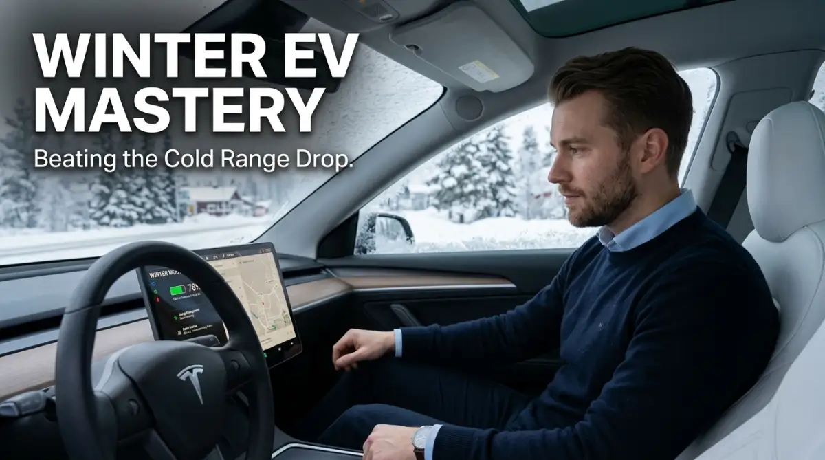 A professional male driver analyzing his electric vehicle's energy consumption on a cold winter day to manage range anxiety.