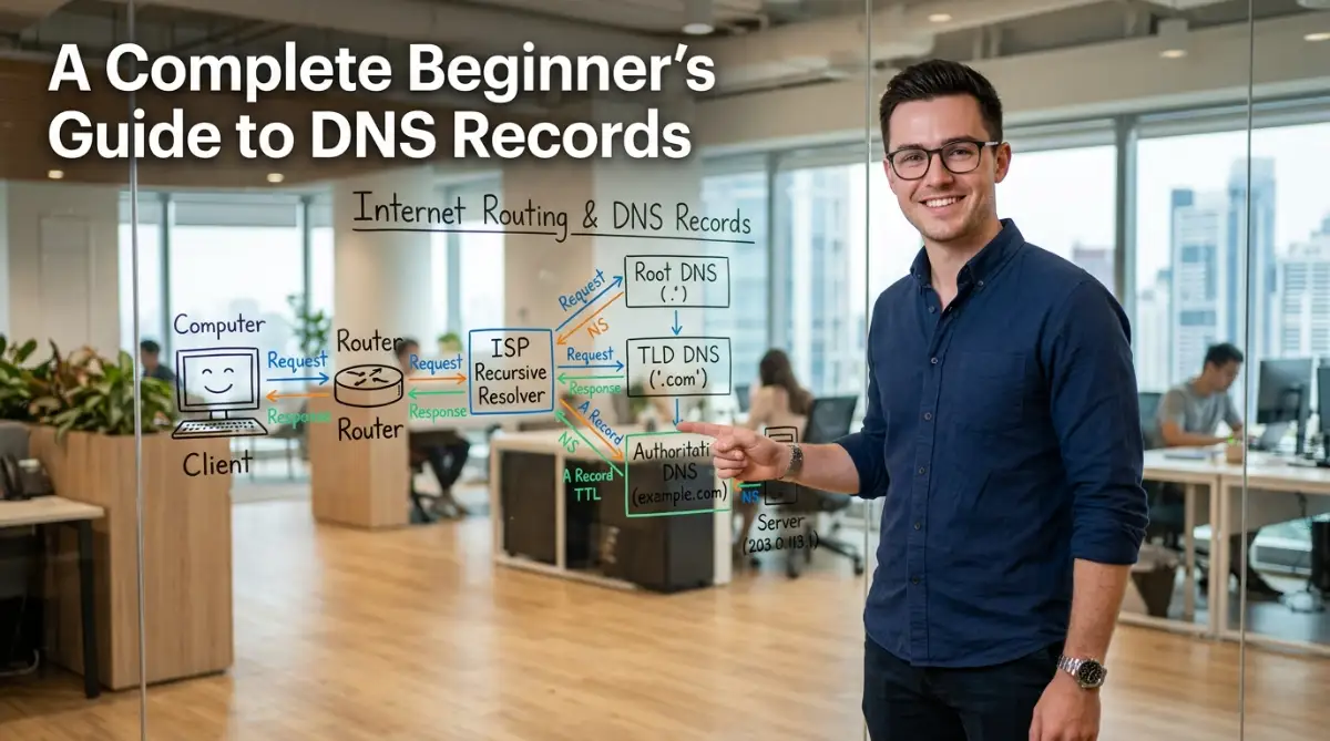 A friendly young professional pointing at a visual diagram explaining how domain name systems work, representing a beginner's guide to DNS records.