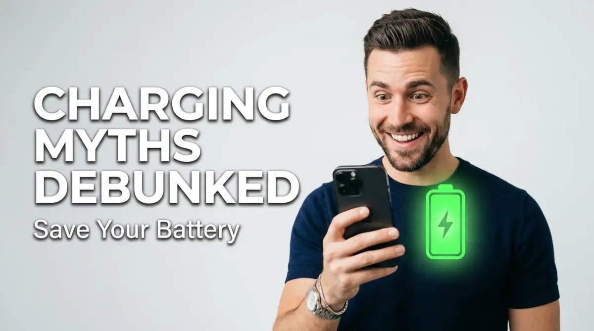 A surprised young man holding a modern smartphone with a glowing battery icon, representing the truth about common smartphone charging myths.