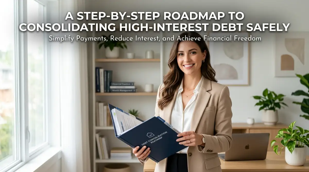 A smart young professional confidently organizing her finances, representing a safe roadmap to consolidating high-interest debt and achieving financial peace.