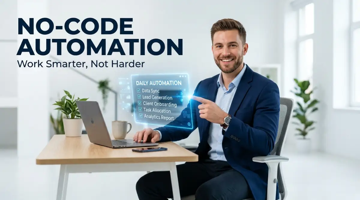 A young professional smiling confidently in a bright studio, representing the ease of setting up no code automation to handle repetitive daily workflow tasks without programming.