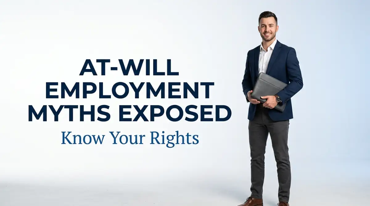 A confident young professional standing in front of text exposing at-will employment myths, representing employee protection and workplace rights.
