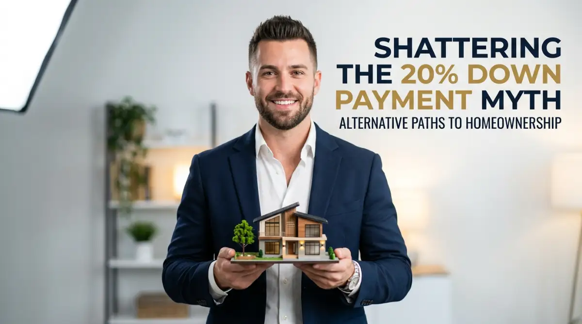 A confident young man holding a miniature house, representing the shattered 20 percent down payment myth and new paths to low down payment mortgage options.