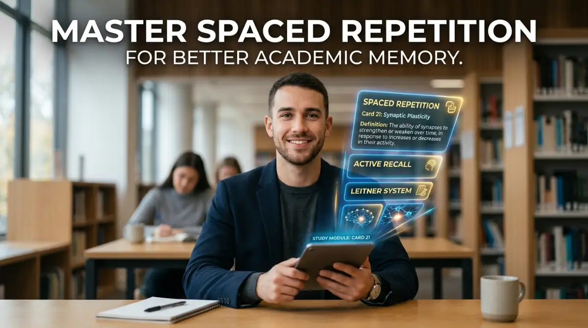 A smart young student holding a digital tablet with glowing study cards, demonstrating how to master the spaced repetition system for better academic memory.