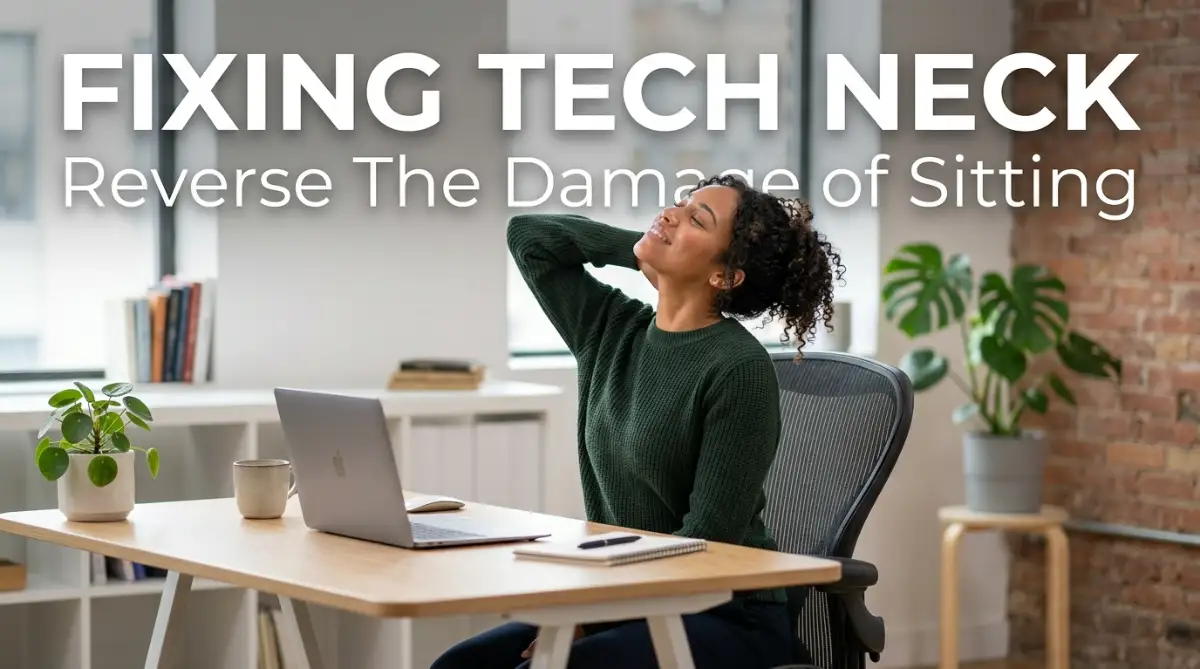 A smart young woman gently stretching her neck at her desk to fix tech neck and reverse the physical damage caused by prolonged sitting.