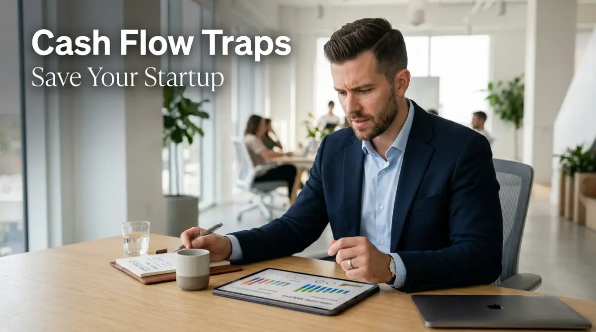 A stressed but focused young male entrepreneur sitting at a minimalist desk reviewing financial charts on a tablet, illustrating the hidden cash flow traps that secretly drain money from self-funded startups.