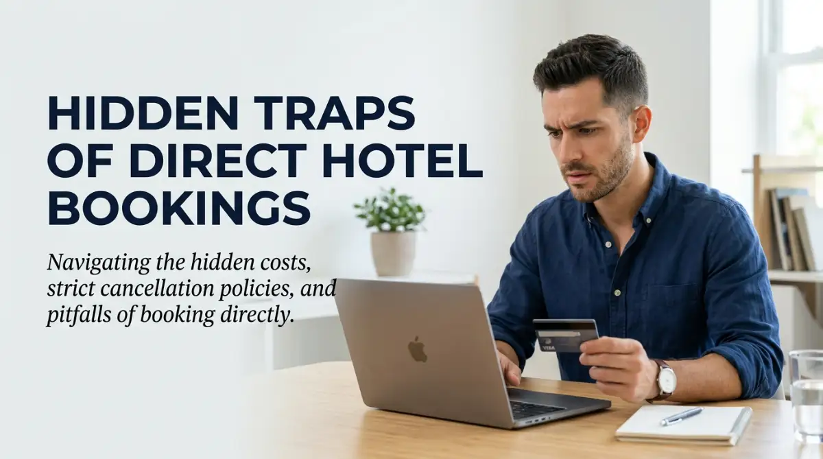 A smart young male traveler looking concerned at his laptop, illustrating the common mistakes people make when reserving accommodation directly through hotel websites.