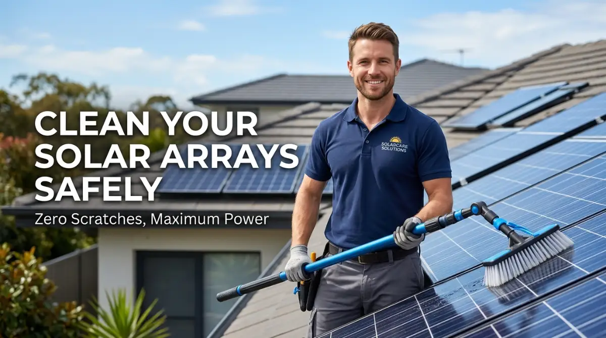 A confident young homeowner holding a soft water-fed pole, demonstrating practical instructions for safely cleaning rooftop solar arrays without causing permanent damage.