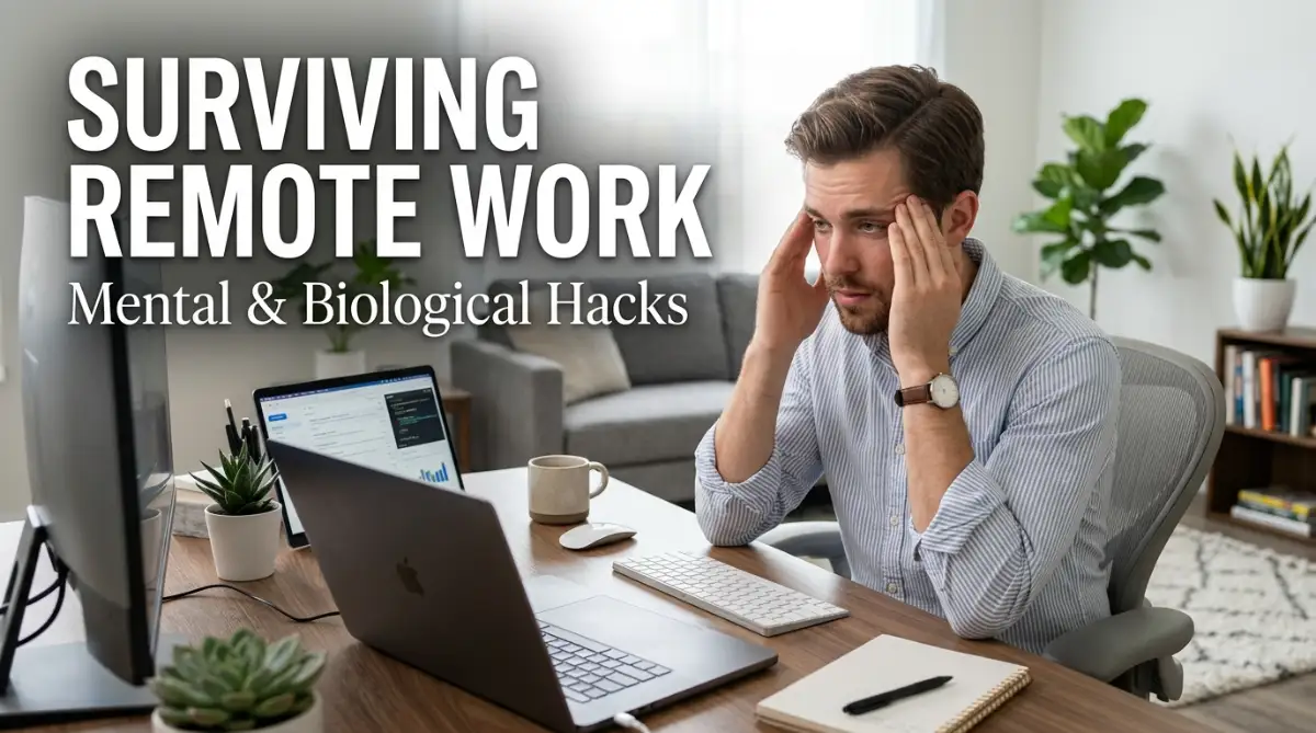 A smart young man sitting at a home desk looking focused and slightly stressed, representing the daily remote work fatigue and mental challenges faced by modern professionals.