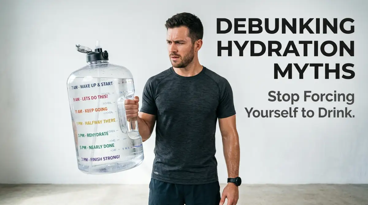 A smart young man looking confused at a massive water bottle, illustrating the need to debunk popular hydration myths we have believed since childhood.