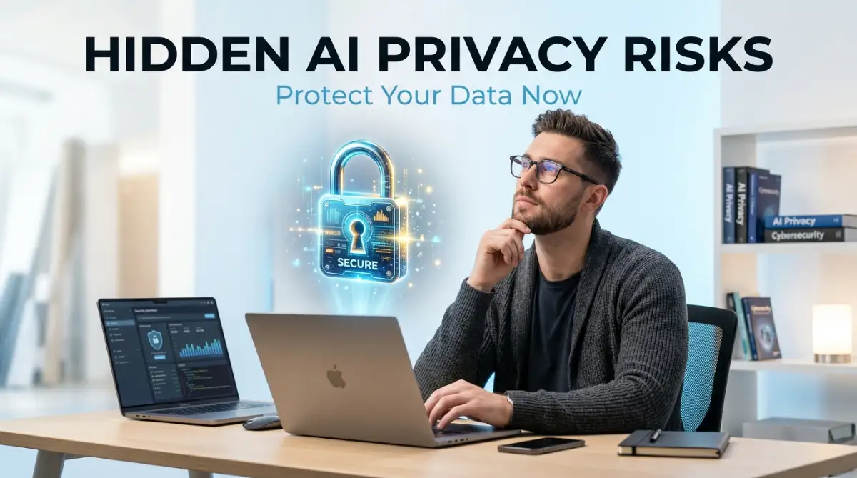 A smart young professional male analyzing a glowing digital padlock above his laptop, illustrating the unseen privacy risks of using free AI writing tools to protect sensitive data.