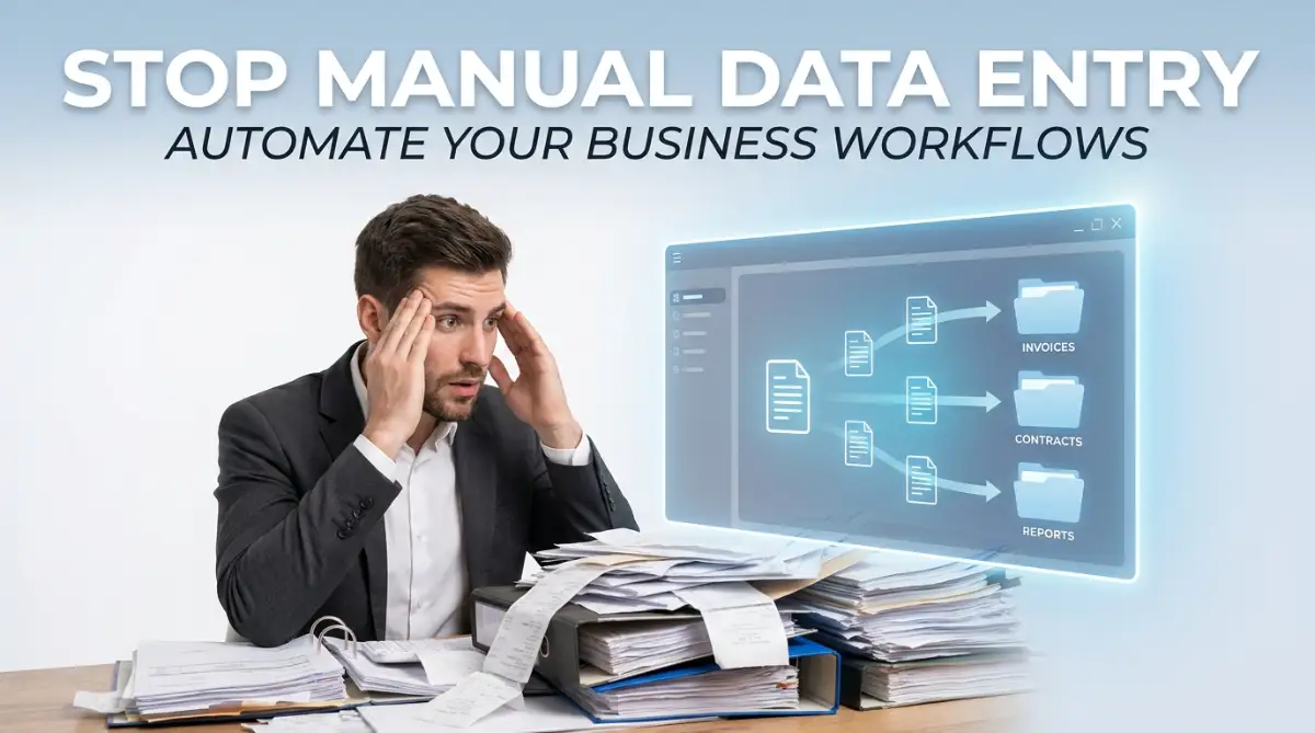 A smart young male business owner watching a glowing software interface automatically organize a massive pile of paperwork, illustrating how to stop manual data entry.