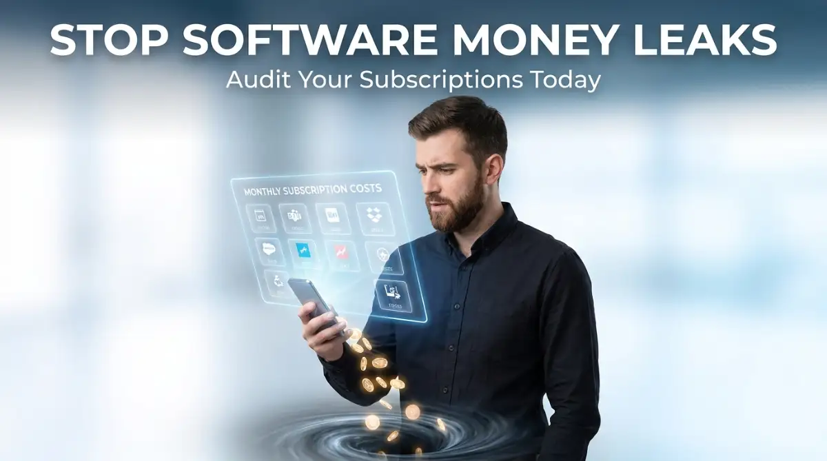 A smart young male freelancer looking at floating digital receipts while coins leak from his phone, illustrating how to identify silent money leaks in software subscriptions.