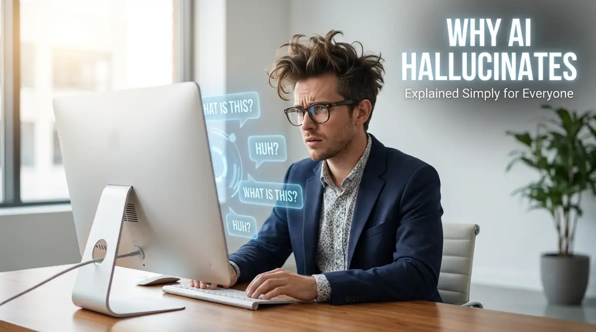 A smart young man looking confused at a glowing computer screen, illustrating why artificial intelligence hallucinates false information during deep research.