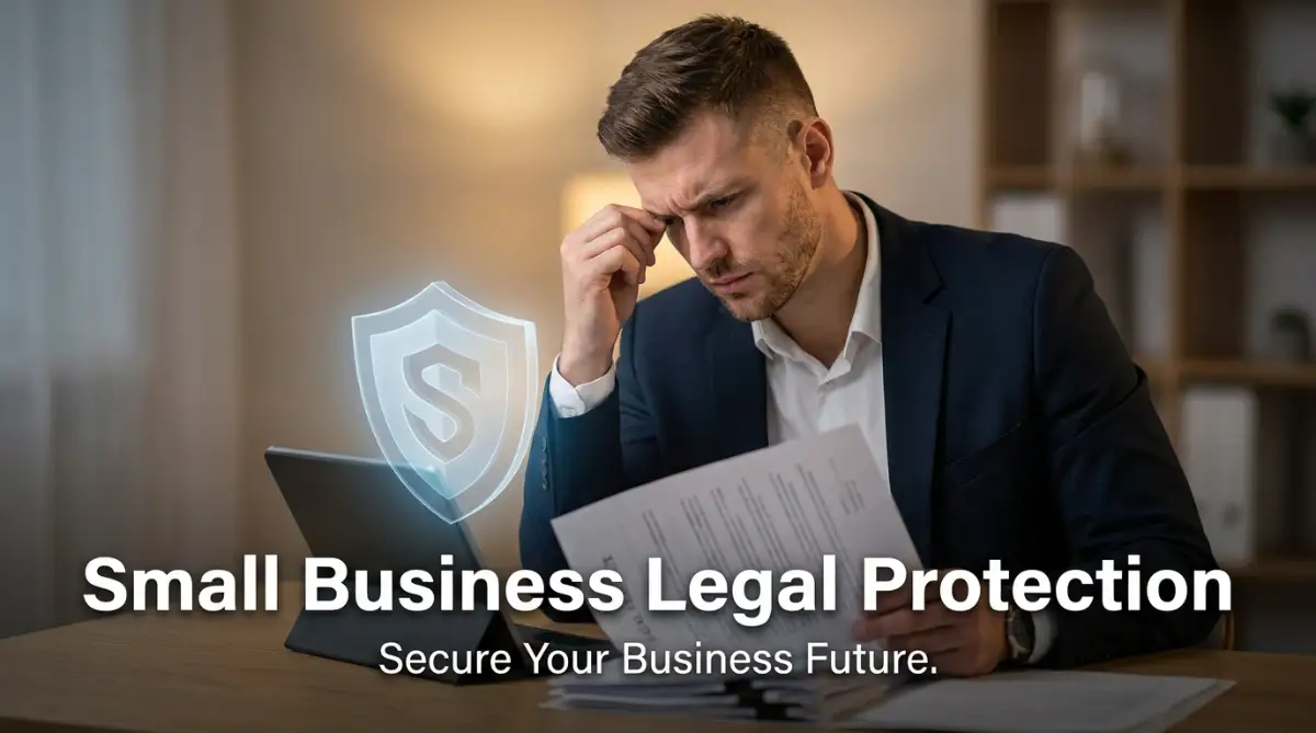 A smart young male business owner carefully reviewing official legal paperwork at his desk to protect his small business from unforeseen liabilities.