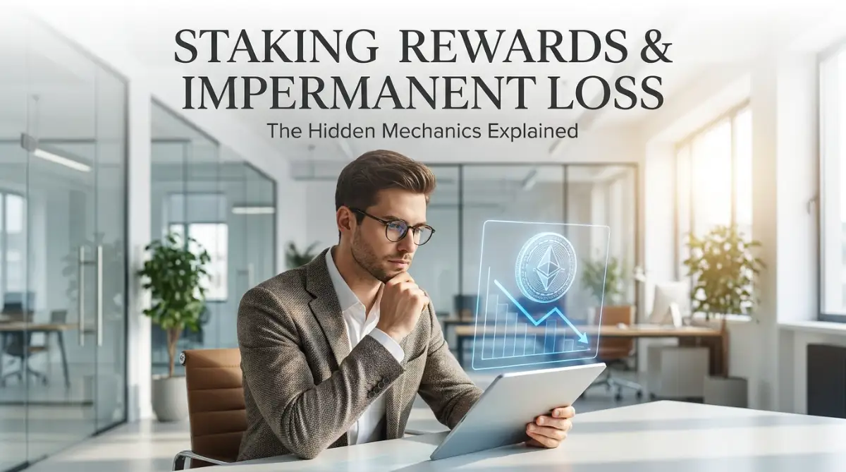 A smart young man looking thoughtfully at a digital chart on a tablet, illustrating the mechanics of crypto staking rewards and impermanent loss.