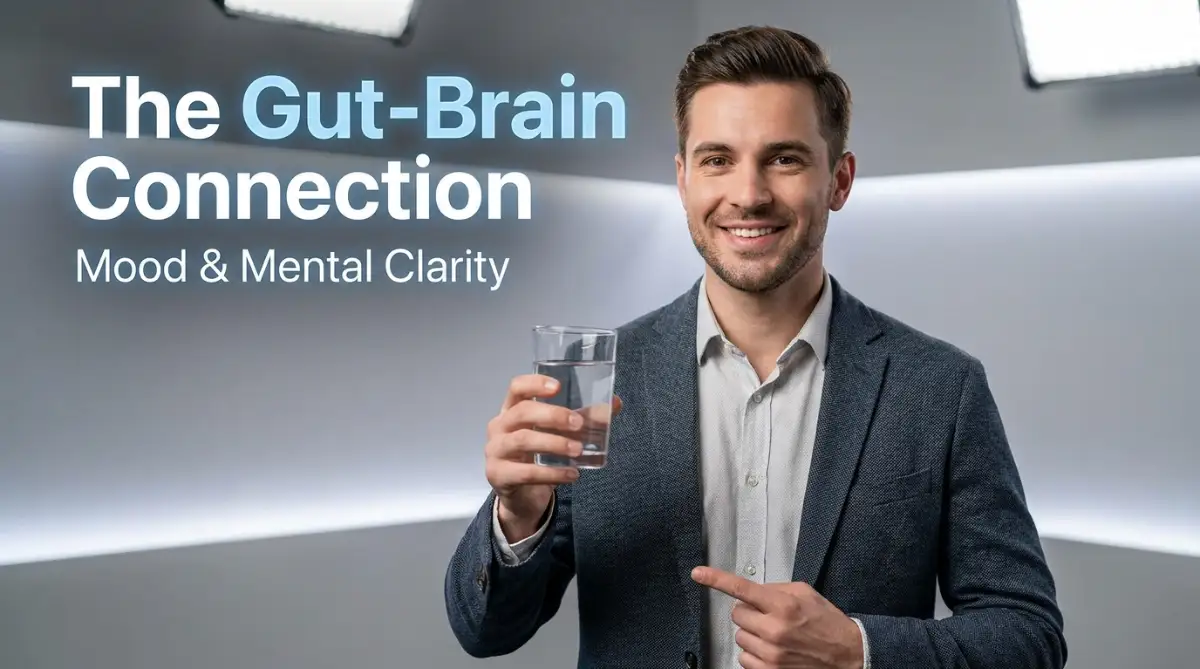 A healthy young man showing the direct link between stomach health and daily mental clarity, highlighting the gut-brain connection.