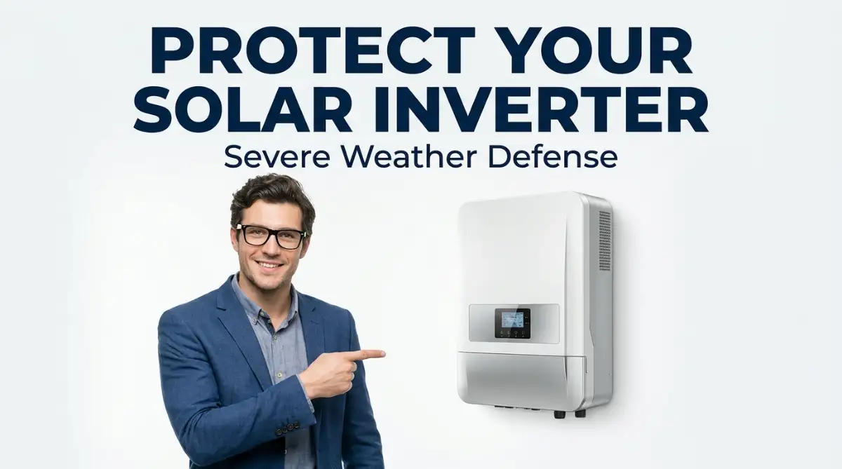 A confident young man pointing at a modern solar inverter, highlighting the importance of protecting home solar energy systems from severe weather damage.