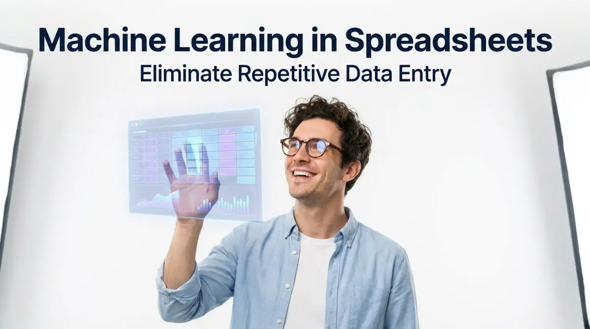 A smart young man looking relieved as he uses machine learning spreadsheet software to eliminate repetitive manual data entry tasks completely.