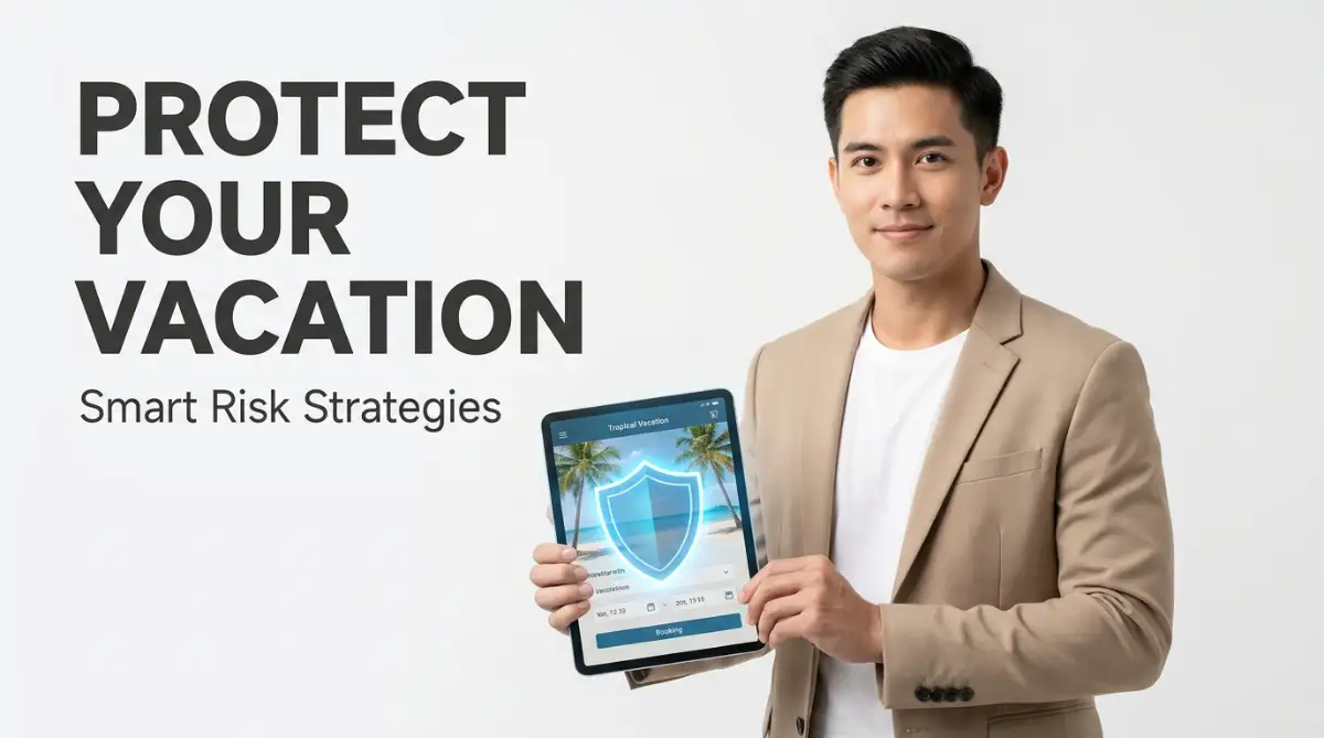 A smart young man looking confident while using risk management strategies to protect his non-refundable vacation booking on a digital tablet.