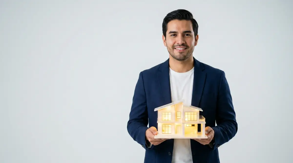 A confident young investor holding a miniature house, representing the journey to building passive income with rental properties.